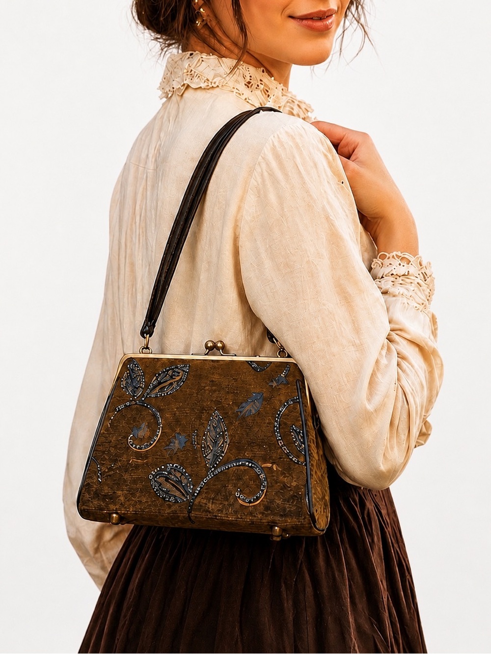 Vintage Christiana Beaded Carpet Bag Boho Floral Brown Corduroy Kiss Lock Purse